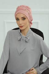Instant Aerobin Turban with Gold Chain Detail, Pre-Tied Cotton Blend Hijab Cap, Elegant Modest Headwrap for Women,HT-93 Pink