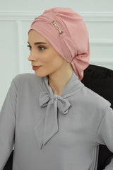 Instant Aerobin Turban with Gold Chain Detail, Pre-Tied Cotton Blend Hijab Cap, Elegant Modest Headwrap for Women,HT-93 Pink