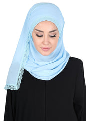 Instant Chiffon Shawl for Women Trimmed Instant Scarf Chiffon Modesty Turban Cap Head Wrap with Lace,CPS-28 Baby Blue