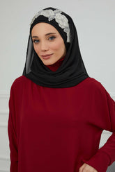 Luxury Instant Chiffon Hijab with Floral Lace, Ready-to-Wear Chiffon Hijab with Embroidered Flowers,CPS-101 Black-Silver
