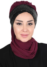 Instant Chiffon Turban with Scarf and Sequin Accessories Shawl for Women Instant Scarf Chiffon Turban Cap Hat Glitter Head Wrap,HT-54P Damson - Black