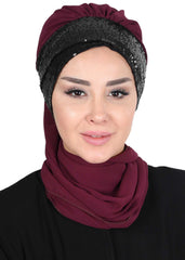 Instant Chiffon Turban with Scarf and Sequin Accessories Shawl for Women Instant Scarf Chiffon Turban Cap Hat Glitter Head Wrap,HT-54P Damson - Black