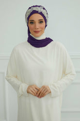 Instant Turban Chiffon Scarf Head Turbans with Unique Flower Accessory For Women Headwear Stylish Elegant Design,HT-103 Purple-Silver