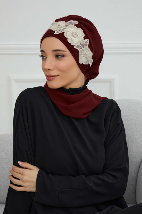 Instant Turban Chiffon Scarf Head Turbans with Unique Flower Accessory For Women Headwear Stylish Elegant Design,HT-103