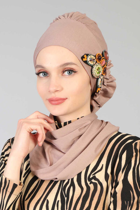 Cotton Instant Turban Headscarf with a Beautiful Bohemian Design, Quick-Tie Adjustable Turban Hijab with Unique Accessories For Women,HT-74
