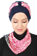 Turban Bonnet Cap with Long Patterned Chiffon Belt, Stylish Cotton Instant Turban, Removable Chiffon Belted Turban Scarf Headwrap,B-36D Navy Blue - Navy Blue Fuchsia