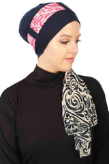 Turban Bonnet Cap with Long Patterned Chiffon Belt, Stylish Cotton Instant Turban, Removable Chiffon Belted Turban Scarf Headwrap,B-36D Navy Blue - Navy Blue Fuchsia