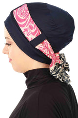 Turban Bonnet Cap with Long Patterned Chiffon Belt, Stylish Cotton Instant Turban, Removable Chiffon Belted Turban Scarf Headwrap,B-36D Navy Blue - Navy Blue Fuchsia