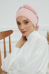 Dual Tone Instant Turban Bonnet with Chiffon Band, Fashionable Muslim Head Covering for Women, Ready-to-Wear Versatile Women Head Wrap,B-24 Powder