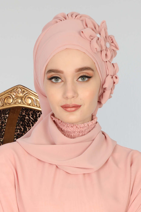 Instant Turban Headscarf with Handcrafted Floral Accents and Rhinestone Embellishments, Chic Hijab Headscarf for Muslim Women Gift,HT-27