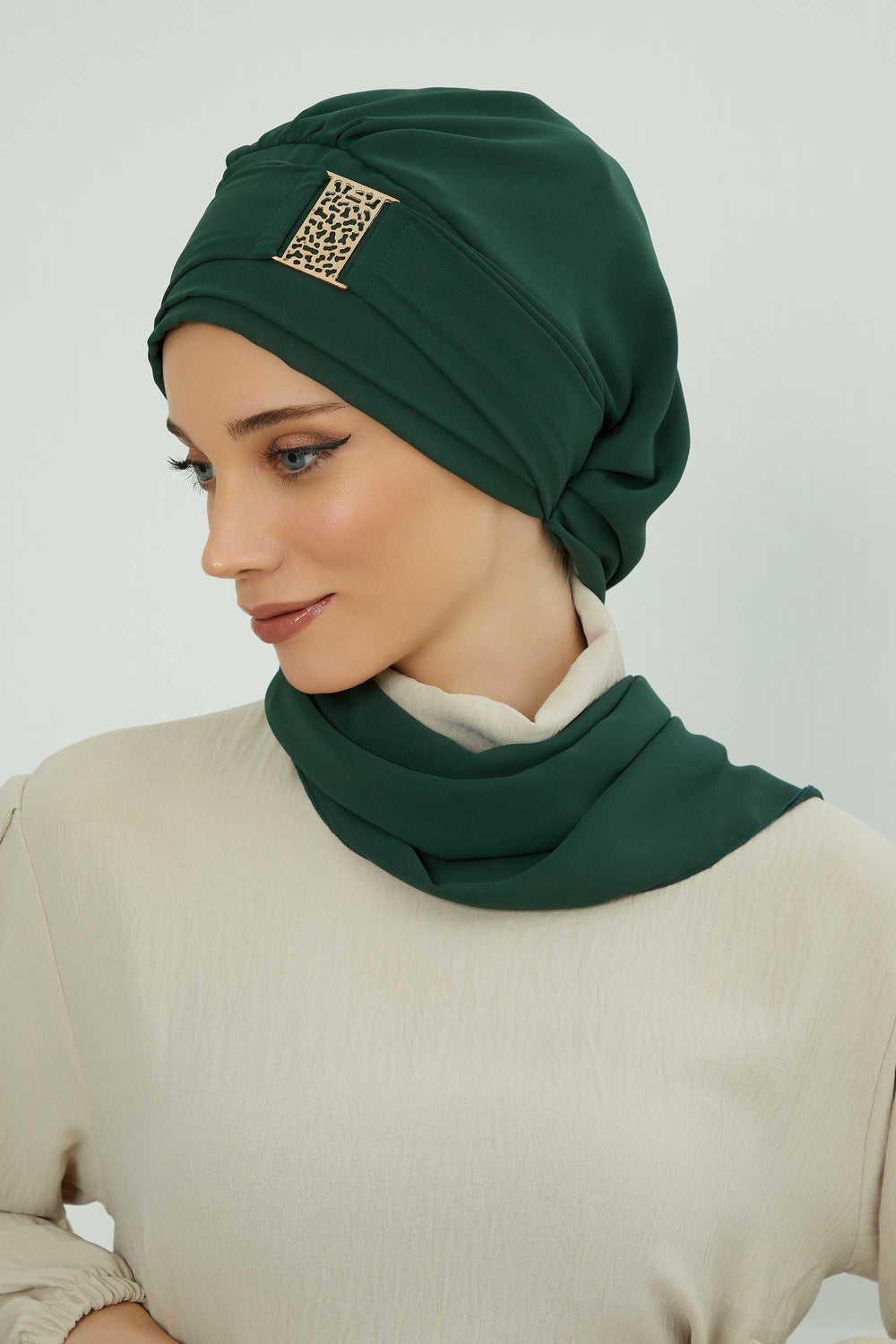 Chiffon Instant Turban with Gold Leopard Pattern Accessory, Adjustable Instant Turban Headscarf for Women, Pre-Tied Turban Hijab Cover,HT-11 Dark Green
