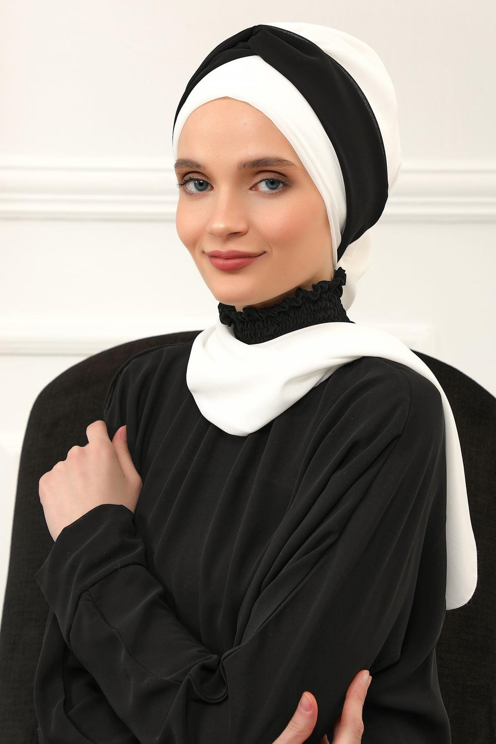 Instant Turban Lightweight Multicolor Chiffon Scarf Head Turbans For Women Headwear Stylish Elegant Design,HT-45 Ivory - Black