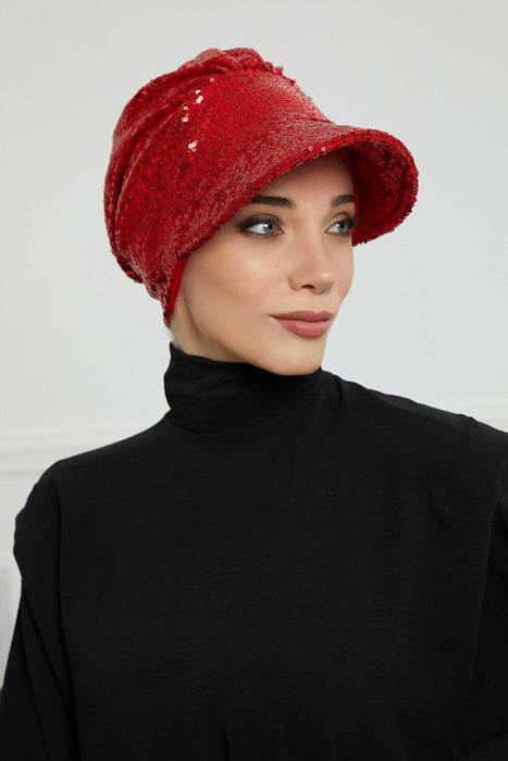 Shining Instant Turban Newsboy Women's Cap, Visor Pre-Tied Turban Head Covering for Modern Women, Chic Sequined Chemo Headwear Bonnet,B-73P