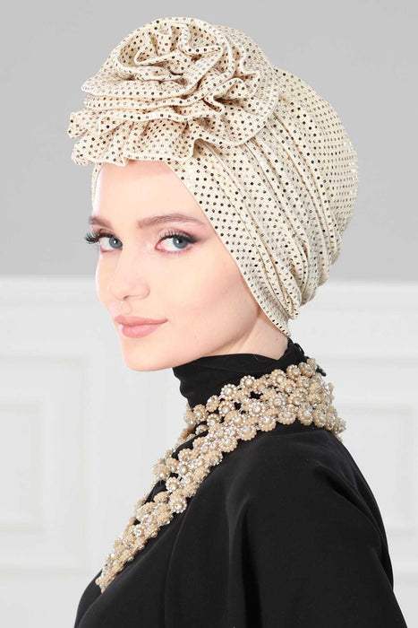 Elegant Gold Sequin Instant Turban with Multifunctional Rose, Stylish Sequined Hijab Cover, Chic Pre-Tied Comfortable Chemo Headwear,B-21PUL