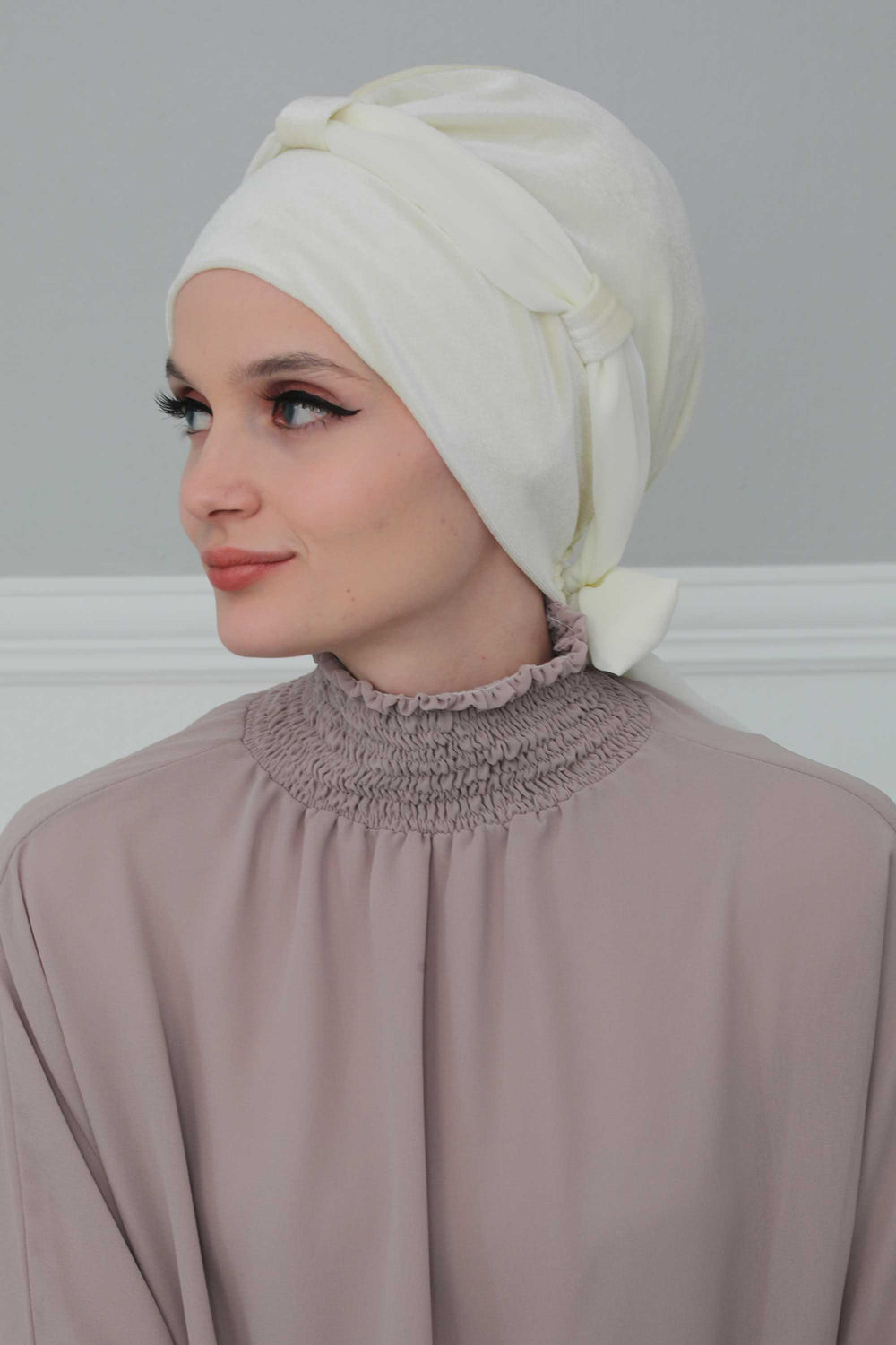 Velvet Instant Turban with a Chiffon Belt, High Quality Scarf Head Wrap Headwear Cap with Chiffon Headband For Women, Trendy Head Wrap,B-24K Ivory