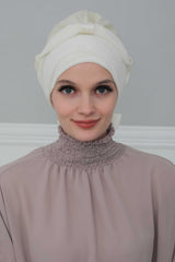 Velvet Instant Turban with a Chiffon Belt, High Quality Scarf Head Wrap Headwear Cap with Chiffon Headband For Women, Trendy Head Wrap,B-24K Ivory