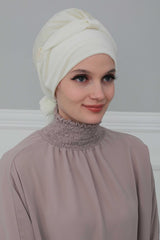 Velvet Instant Turban with a Chiffon Belt, High Quality Scarf Head Wrap Headwear Cap with Chiffon Headband For Women, Trendy Head Wrap,B-24K Ivory