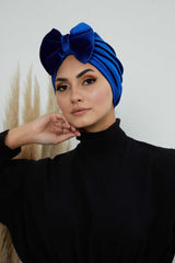 Instant Turban Velvet Scarf Head Wrap with Removable Bowtie Headwear Cap Bonnet For Women Fashion,B-27K Sax Blue