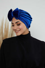 Instant Turban Velvet Scarf Head Wrap with Removable Bowtie Headwear Cap Bonnet For Women Fashion,B-27K Sax Blue