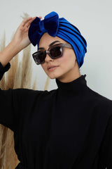Instant Turban Velvet Scarf Head Wrap with Removable Bowtie Headwear Cap Bonnet For Women Fashion,B-27K Sax Blue