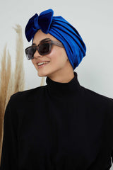 Instant Turban Velvet Scarf Head Wrap with Removable Bowtie Headwear Cap Bonnet For Women Fashion,B-27K Sax Blue