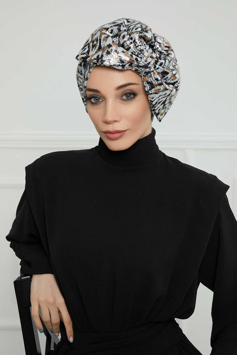 Abstract Pattern Sequin-Embellished Instant Turban with a Huge Bow, Gorgeous Sequined Head Wrap for Special Days, Stylish Bonnet Cap,B-70B