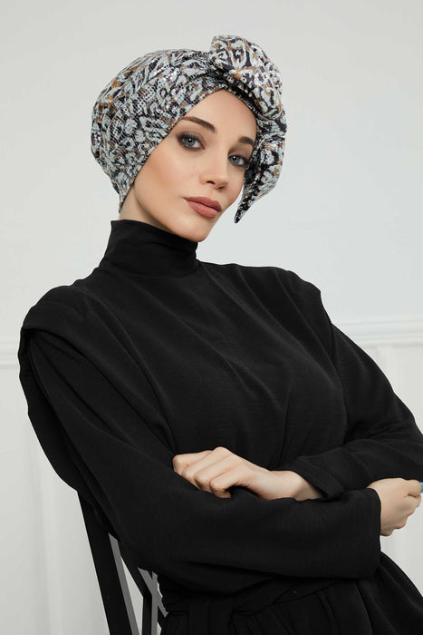 Abstract Pattern Sequin-Embellished Instant Turban with a Huge Bow, Gorgeous Sequined Head Wrap for Special Days, Stylish Bonnet Cap,B-70B