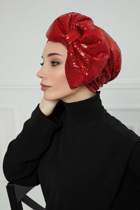Brightly Shining Stylish Instant Turban with a Huge Bow, Beautiful Sequin-Embellished Head Cover for Modern Look, Chic Bonnet Cap,B-70