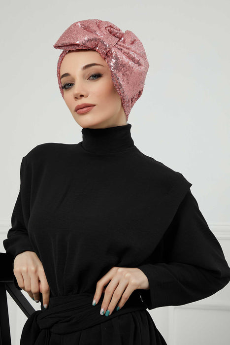 Brightly Shining Stylish Instant Turban with a Huge Bow, Beautiful Sequin-Embellished Head Cover for Modern Look, Chic Bonnet Cap,B-70