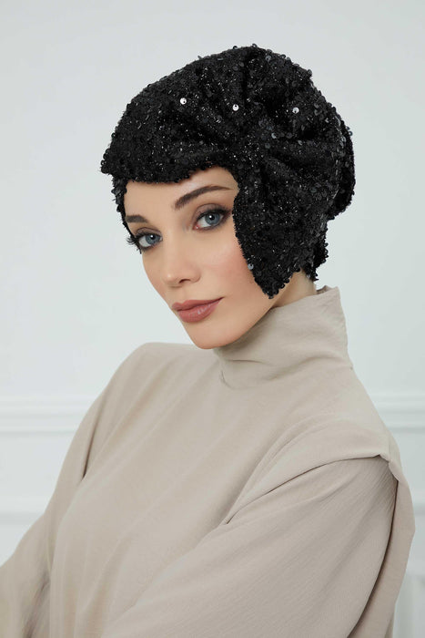 Sparkling Black Instant Turban with Bow, Gorgeous Sequined Women Headwear, Modern Evening Turban Design, Instant Bonnet Cap for Women,B-70SK