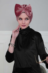 Velvet Bowtie Instant Turban Hijab for Women Lightweight Head Wrap, Luxurious Velour Pre-Tied Instant Turban, Trendy Velvet Chemo Cap,B-11K Dusty Rose