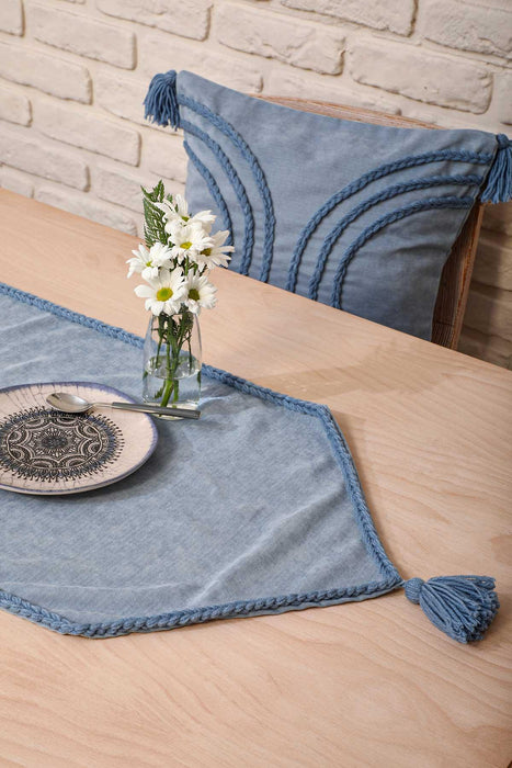 Knit Fabric Table Runner with Handmade Embroidery and Tassels Handicraft Table Cloth for Home Kitchen Decorations Wedding, Everyday,R-31K