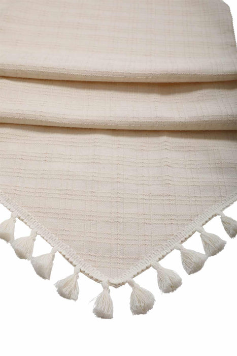 Bohemian Tassel Linen Table Runner, Natural Textured Decorative Table Accent, Handcrafted Tasseled Edge Large Linen Table Runner,R-34B