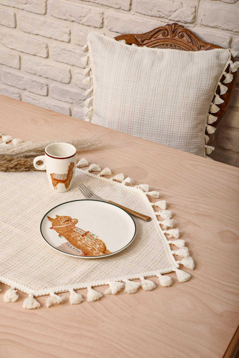 Linen Textured 120x40 cm Table Runner with Handmade Embroidery and Tassels Machine Washable Fringed Handicraft Table Cloth,R-34O