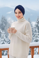 Maharajah Style Twist Turban Bonnet for Women, All Seasons Stretchy One Size Modest Headwrap, Double Face Fabric Underscarf Cap,B-4O Navy Blue