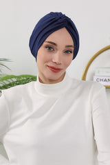 Maharajah Style Twist Turban Bonnet for Women, All Seasons Stretchy One Size Modest Headwrap, Double Face Fabric Underscarf Cap,B-4O Navy Blue