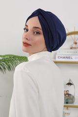 Maharajah Style Twist Turban Bonnet for Women, All Seasons Stretchy One Size Modest Headwrap, Double Face Fabric Underscarf Cap,B-4O Navy Blue