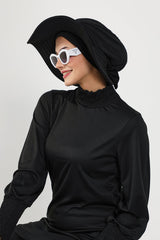 Modest Beach Turban Bonnet with Removable Bow Brim, Quick Dry Sandy Fabric Sun Hat Hijab for Women,S-10SN Black