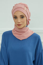 Modest Fashion Instant Aerobin Turban with Leopard Pattern Accessory, Pre-Tied Aerobin Hijab with Chic Metal Accessory,HT-11A Pink