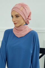Modest Fashion Instant Aerobin Turban with Leopard Pattern Accessory, Pre-Tied Aerobin Hijab with Chic Metal Accessory,HT-11A Pink