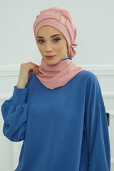 Modest Fashion Instant Aerobin Turban with Leopard Pattern Accessory, Pre-Tied Aerobin Hijab with Chic Metal Accessory,HT-11A Pink