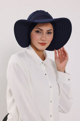 Modest Sun Protective Turban Bonnet with Removable Bow Brim for Women, 2-in-1 Hijab Hat with Removable Brim,S-4 Navy Blue