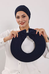 Modest Sun Protective Turban Bonnet with Removable Bow Brim for Women, 2-in-1 Hijab Hat with Removable Brim,S-4 Navy Blue