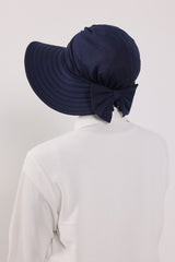 Modest Sun Protective Turban Bonnet with Removable Bow Brim for Women, 2-in-1 Hijab Hat with Removable Brim,S-4 Navy Blue