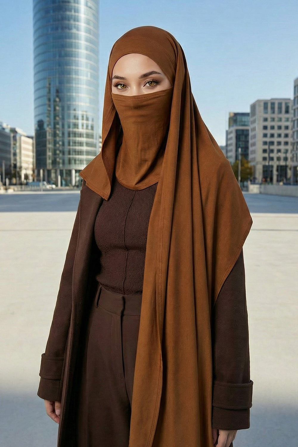 Neck-Covering Jersey Hijab with Built-In Niqab and Undercap, Premium Jersey Hijab with Integrated Bonnet and Face Veil,PS-58 Dark Mustard