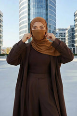 Neck-Covering Jersey Hijab with Built-In Niqab and Undercap, Premium Jersey Hijab with Integrated Bonnet and Face Veil,PS-58 Dark Mustard