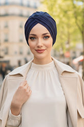 One Size Twist Front Bonnet Hijab, Soft Stretch Double Face Fabric Turban for Women, Modest All Seasons Underscarf Cap,B-9O Navy Blue