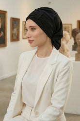 Pleated Chiffon Instant Turban for Women, Pre-Tied Elegant Hijab Cap, Lightweight Modest Headwrap for Daily & Formal Wear,HT-107 Black