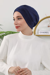 Pleated Instant Turban Hijab for Women, Soft Double Face Fabric Ready to Wear Modest Head Cover,B-19O Navy Blue