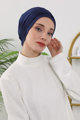 Pleated Instant Turban Hijab for Women, Soft Double Face Fabric Ready to Wear Modest Head Cover,B-19O Navy Blue